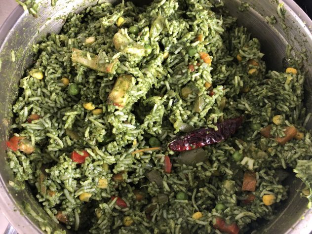 Green Veg Palak (Spinach) Rice With Boondi Raita