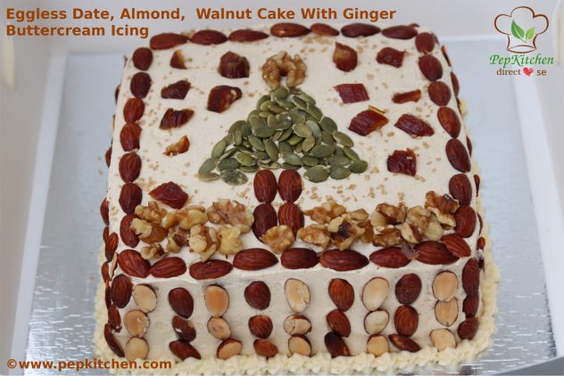 Eggless Date, Almond, Walnut Cake With Ginger Buttercream Icing