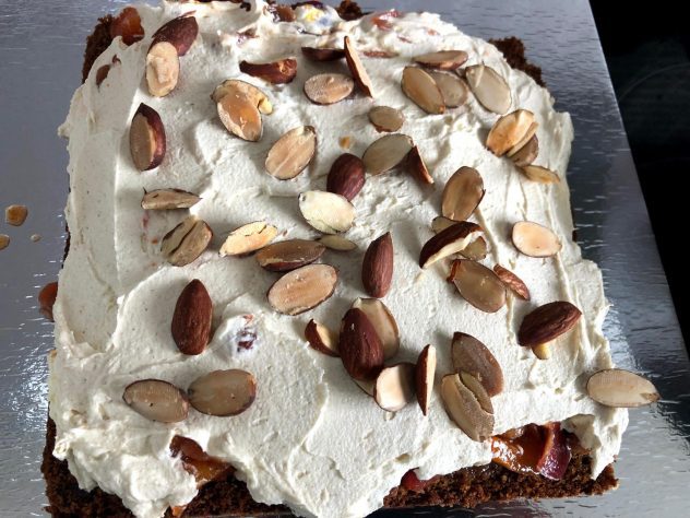 Eggless Date, Almond, Walnut Cake With Ginger Buttercream Icing